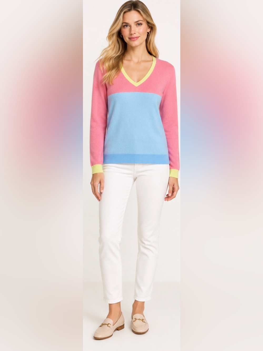 LANDSEND Women's Cashmere VNeck Sweater, Colorblock
